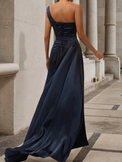 Purplish Blue Side-Slit One Shoulder Gown Satin Dress