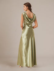 Olive Green Sheath/Column Satin Boat Neck Sleeveless Floor Length Dresses