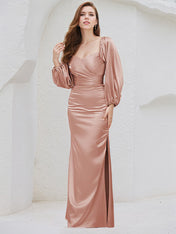 Dusty Rose Satin Sheath/Column Off the Shoulder Long Sleeves Floor Length Bridesmaid Dress