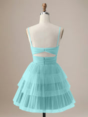 A Line Spaghetti Straps Short Tiered Homecoming Dress with Hollow Out