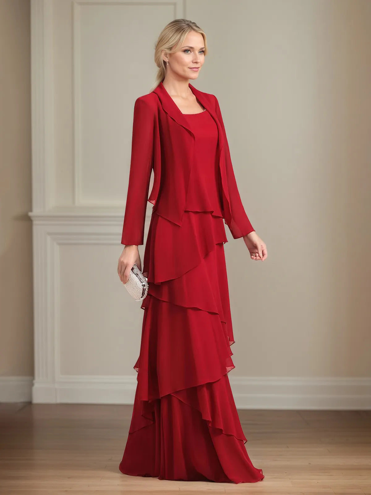Chiffon Square Neck Sleeveless Floor Length Pleated Mother of the Bride Dresses With Jacket