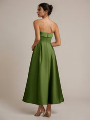 Green Satin A Line Off The Shoulder Sleeveless Ankle Length Bridesmaid Dress