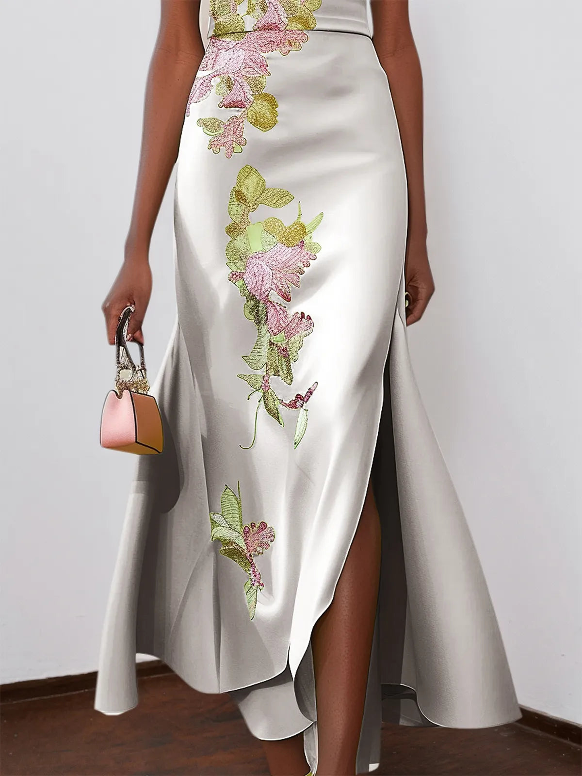 Silver Light Gray Floral Embroidered Cap Sleeve Slit A-Line Maxi Dress