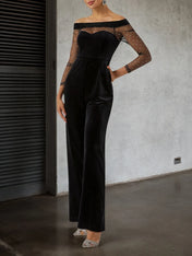 Women Velvet Black Mesh Off The Shoulder Long Sleeve Dressy Jumpsuit