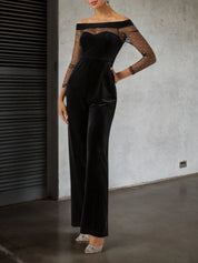 Women Velvet Black Mesh Off The Shoulder Long Sleeve Dressy Jumpsuit