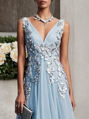 Light Blue Prom Lace Asymmetric Chiffon V Neck Sleeveless A-Line Maxi Dress