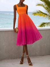 Orange Pleated Ombre Classic Square Neck Sleeveless A-Line Midi Dress