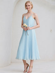 Sky Blue A-Line V-Neck Tea-Length Chiffon Cocktail Dress With Pleated