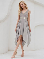 Silver Chiffon A Line V Neck Sleeveless Asymmetrical Bridesmaid Dress With Appliques