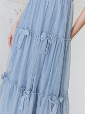 A Line Dusty Blue Chiffon Spaghetti Straps Sleeveless Floor Length Dress With Bows