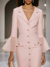Light Pink Buckle Mesh Tweed Lapel Collar Long Sleeve Bell Sleeve Sheath Midi Dress