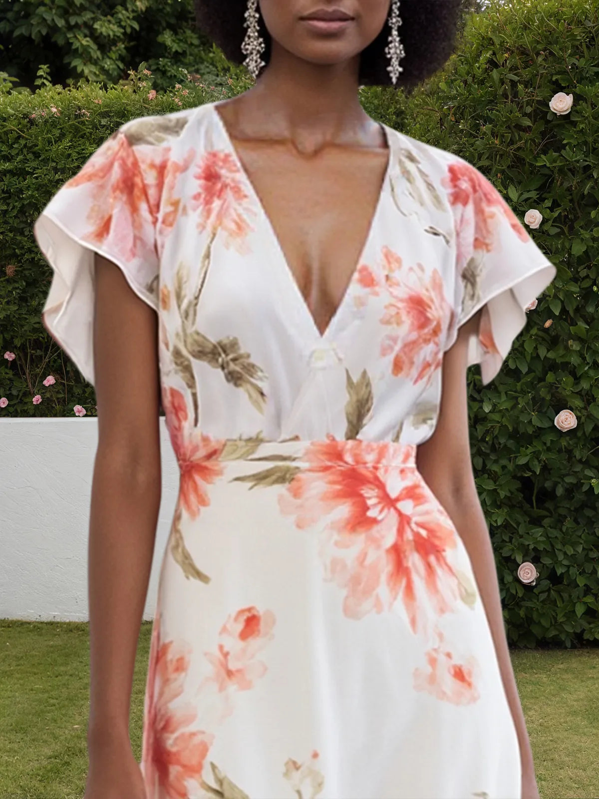 Orange Red Chiffon V Neck Short Sleeve Bell Sleeve A-Line Midi Dress