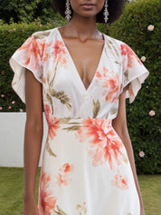 Orange Red Chiffon V Neck Short Sleeve Bell Sleeve A-Line Midi Dress