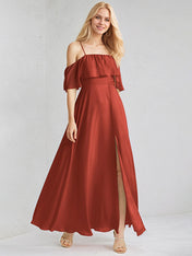 Rust Chiffon A Line Spaghetti Straps Sleeveless Floor Length Bridesmaid Dress With Ruffle