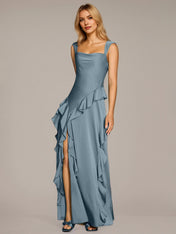 Blue Sheath/Column Satin Square Neck Sleeveless Floor Length Dresses