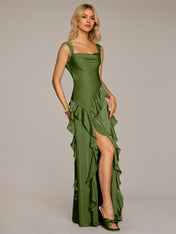Olive Green Sheath/Column Satin Square Neck Sleeveless Floor Length Dresses
