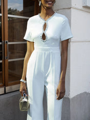 Women White Cut Out Short Sleeve Rheinstone Wide-Leg Jumpsuit