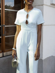 Women White Cut Out Short Sleeve Rheinstone Wide-Leg Jumpsuit