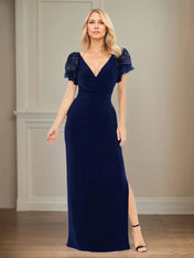 Sheath/Column Stretch Crepe V Neck Short Sleeve Floor Length Dress With Ruffles