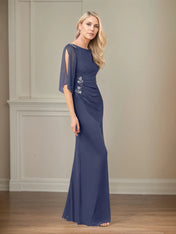 Sheath/Column Boat Neck 1/2 Sleeve Floor Length Chiffon Dress With Beadings