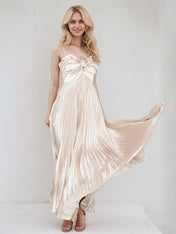Champagne A Line Satin Spaghetti Straps Sleeveless Floor Length Dress With 3D Flower