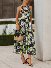 Green Floral Hollow Out Chiffon Halter Neck Sleeveless A-Line Maxi Dress