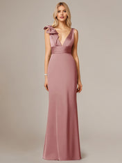Dusty Rose Satin Sheath/Column V Neck Sleeveless Floor-Length Bridesmaid Dress With Bow