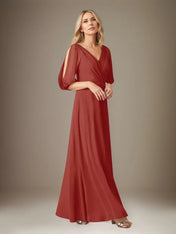 A Line Chiffon V Neck 1/2 Sleeves Floor Length Pleated Mother of the Bride Dresses