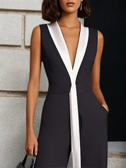 Women Black V Neck Sleeveless Dressy Jumpsuit