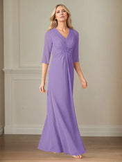 A Line Chiffon V Neck 3/4 Sleeves Floor Length Dress