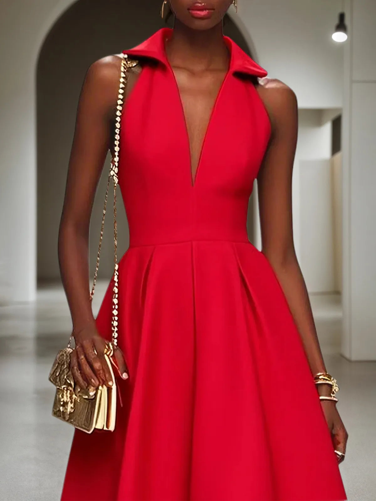 Red Classic Shirt Collar Sleeveless A-Line Midi Dress