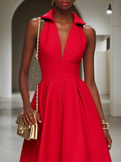 Red Classic Shirt Collar Sleeveless A-Line Midi Dress