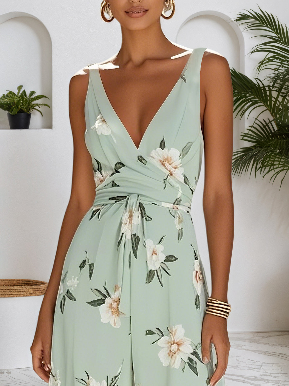 Light Green Floral V Neck Regular Fit Chiffon Jumpsuit