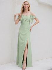 Celadon Chiffon A Line Spaghetti Straps Floor Length Bridesmaid Dress With Ruffle