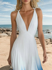 Elegant And Flowing V-Neck Pleated Blue Gradient White Maxi Dress