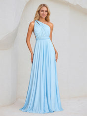Sky Blue Chiffon A Line Halter Neck Floor-Length Sleeveless Bridesmaid Dress