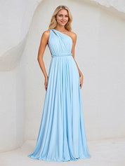 Sky Blue Chiffon A Line Halter Neck Floor-Length Sleeveless Bridesmaid Dress