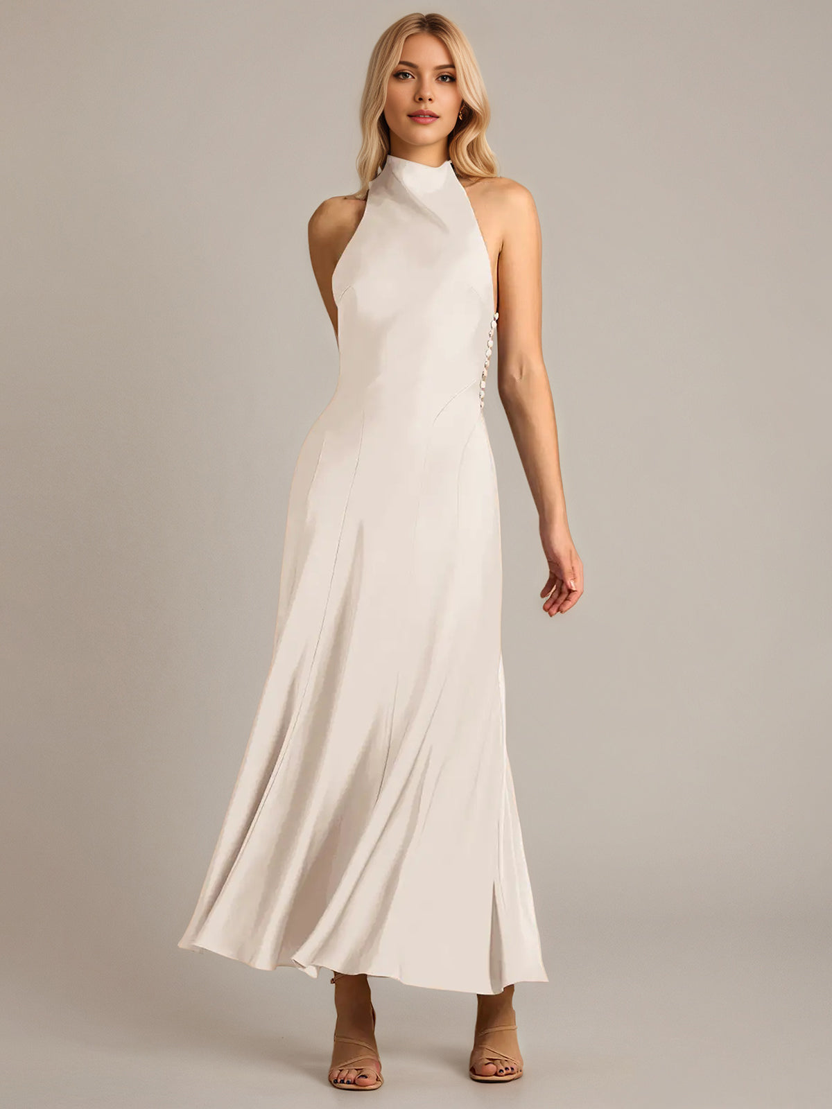 Cream Satin A Line Halter Neck Sleeveless Ankle Length Bridesmaid Dress