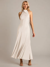 Cream Satin A Line Halter Neck Sleeveless Ankle Length Bridesmaid Dress