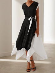 Black V Neck Short Sleeve Tie Waist A-line Midi Dress