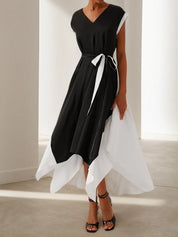 Black V Neck Short Sleeve Tie Waist A-line Midi Dress