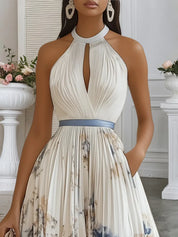 White Pleated Floral Chiffon Halter Sleeveless A-Line Maxi Dress