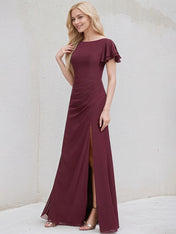 Cabernet Chiffon A Line Boat Neck Ruffle Sleeves Floor Length Bridesmaid Dress