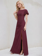 Cabernet Chiffon A Line Boat Neck Ruffle Sleeves Floor Length Bridesmaid Dress