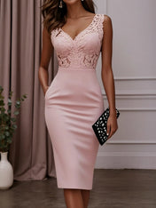 Pink Lace Hotfix Embellished Classic V Neck Sleeveless Sheath Midi Dress