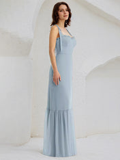 Ice Blue Sheath/Column Chiffon Spaghetti Straps Sleeveless Floor Length Bridesmaid Dresses