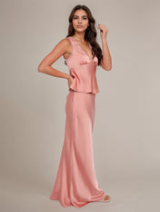 Pink Satin Sheath/Column V Neck Sleeveless Floor Length Bridesmaid Dress