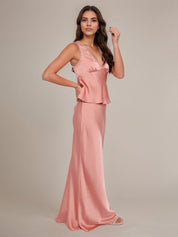 Pink Satin Sheath/Column V Neck Sleeveless Floor Length Bridesmaid Dress