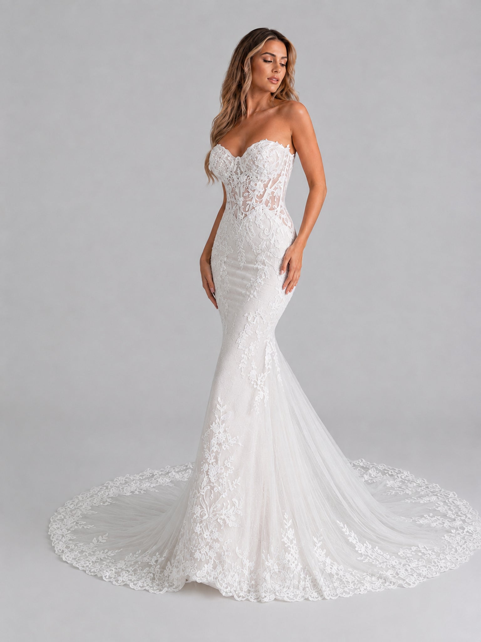 Elegant Strapless Sweetheart Illusion Lace Mermaid Wedding Dress with Cathedral Train