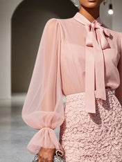 Women Pink Lace Bow Crew Neck Long Sleeve Bell Sleeve Dressy Top With Skirt Two-Piece Set